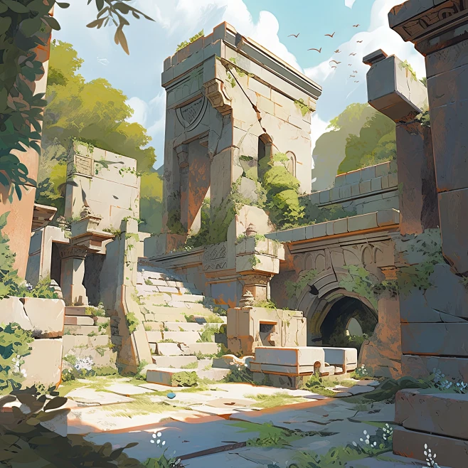 AI卡通建筑遗迹素材 游戏石门场景概念设定 背景环境插画设计-淘宝网-花瓣网