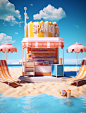 3d mockup summer stand free download, in the style of rendered in cinema4d, pop art-inspired visuals, hyper-realistic water, detailed world-building, sheet film, trompe l'oeil compositions, retro filters