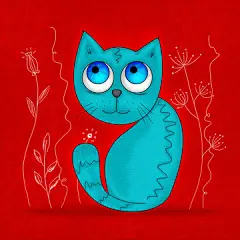 点击来源直接获取大图文件 |Sheepish little blue cat with big blue eyes, sitting and looking fearful but happy. Red background with hand drawn white floral motive, blooming flowers.