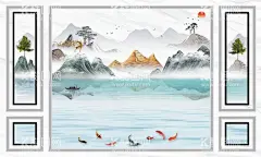 新中式山水九鱼背景  - 源文件下载【酷图网】烟雾山水背景,山水背景墙,抽象山水画,电视背景墙,山水装饰画,意境山水画,禅意山水画,国画山水,写意山水,新中式山水,中式水墨画,巨幅山水画,大幅山水画,大理石背景墙,中式背景墙,沙发背景墙,意境水墨山水,大理石,轻奢背景墙,边框,花,鸟,船,