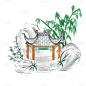 单顶凉亭元素创意贴纸-水墨风
