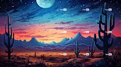 Ai产生的 夜晚 沙漠 仙人掌 星星 山 月亮 景观 云