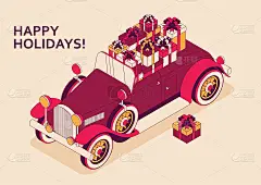 带着一大束郁金香的复古敞篷车。三十多岁的红色老爷车。女性节日贺卡