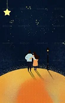 温暖星球看星星的情侣创意插画海