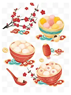 元宵节汤圆祥云梅花灯笼金币喜庆节日元素