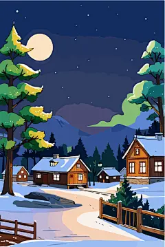 梦幻森林冬季夜晚小木屋