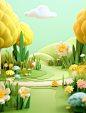 floral 3d scenery to showcase green and yellow trees and flowers, in the style of cartoonish characters, serene pastoral scenes, soft-focus technique, ferrania p30, cute cartoonish designs, uhd image, innovative page design