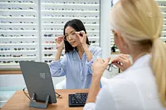 黑发的年轻女商人在眼镜店试戴眼镜