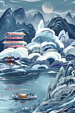 千库网_小雪节气冬景江亭阁楼古风雪景山水_插画编号96168