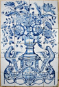 Antique Dutch Delft tile mural with a flower vase and parrots in blue, 18th century