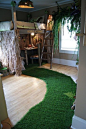 Kids Bedroom, Dark Green Grass Inspired Carpet For Jungle Themed Children's Room With Unique Bed Frame And Wooden Interior: Jungle Themed Children's Room for Fun Decoration: 