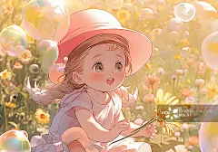【AI数字艺术】可爱的小女孩在花丛中玩泡泡图片素材
