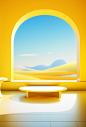 A yellow table, blue window, and grass, in the style of futuristic landscapes, light gold and light beige, uhd image, rounded, high-angle, depiction of rural life, futuristic minimalism