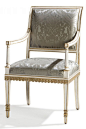 Montmartre Arm Chair by Ebanista @ebanistacollect. Hand-carved arm chair. Weathered ivory finish with antiqued & distressed 22k gold detailing. Includes 1/2" flat French welt detailing. Shown with Ebanista's La Fleur Acanthus silk damask upholste