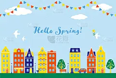 向量背景与城市景观与五颜六色的房子和旗帜横幅，卡片，传单，社交媒体壁纸等。