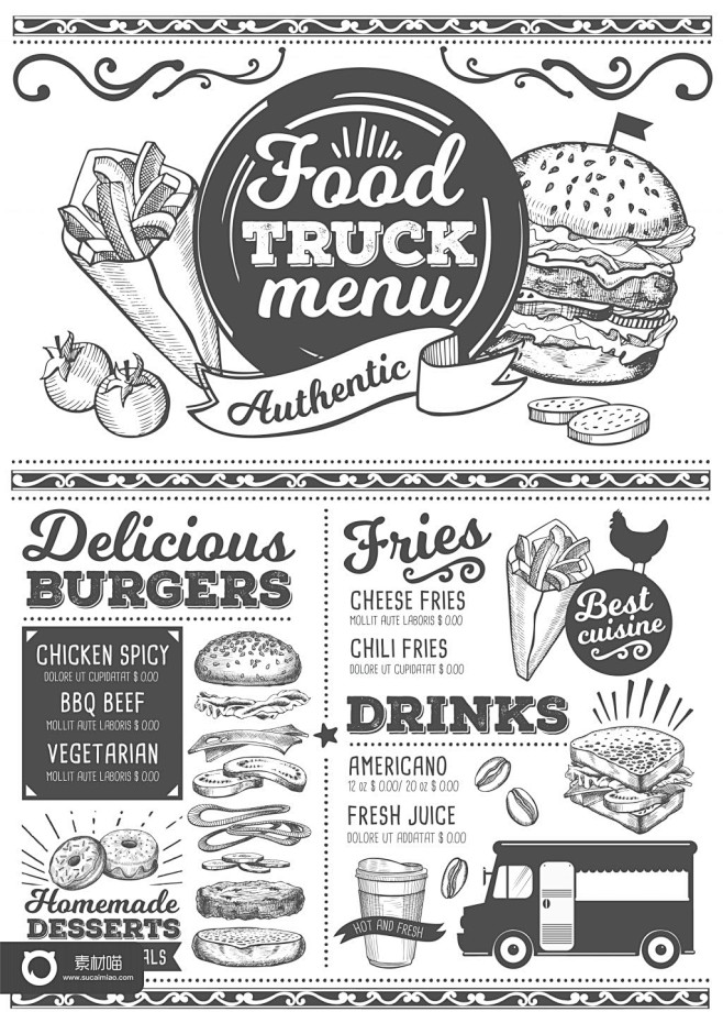 西餐复古黑白线条手绘食品食物蔬菜汉堡英式...