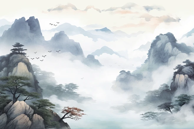 云雾画作山峰水墨画插画图片-花瓣网