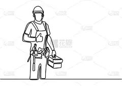 单幅连续画线的年轻杂工身穿头盔制服，手握盒子工具，放弃大拇指。家庭维修服务的优秀理念.手绘设计图