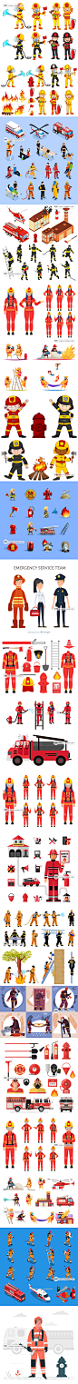 警示火宅消防员卡通小人灭火救火警工具插画EPS矢量设计素材