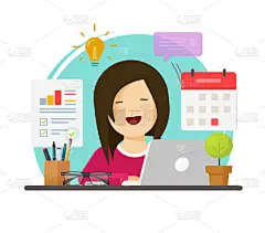 多任务商务女性工作努力，但快乐在办公桌向量，平面卡通女孩坐在工作场所微笑做审计或研究任务，时间管理理