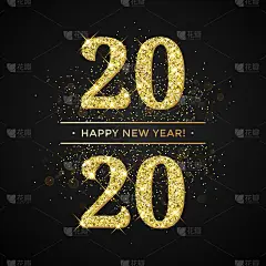 新年快乐，金色的五彩纸屑或闪耀的烟花。矢量2020闪闪发光的文字与闪闪发光的新年假期溢价黑色贺卡