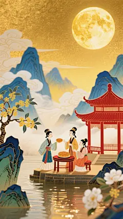 工笔风与剪纸风融合，古典中式庭院月下赏饼，鎏金夜色映衬温馨浪漫，插画风格呈现中秋佳节的唯美感与诗意。