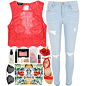 A fashion look from June 2016 featuring crop top, ripped skinny jeans and red shoes. Browse and shop related looks.