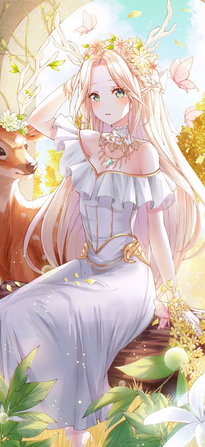 ウミ eumi 二次元少女 花环 动漫壁纸 精灵 白色连衣裙