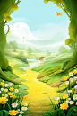 easter spring background wallpaper, in the style of childlike innocence, flickr, delicately rendered landscapes, yellow and emerald, free brushwork, rounded, adonna khare
