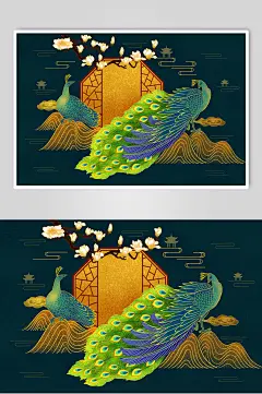 黑色花朵高端大气中式烫金风景插画