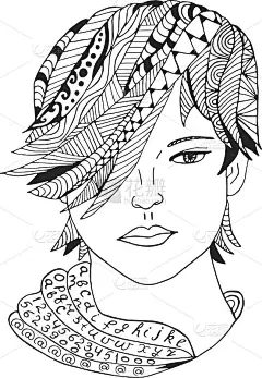 女孩的脸手绘草图矢量插图。涂鸦女人的脸图形与华丽的图案。设计孤立在白色上。