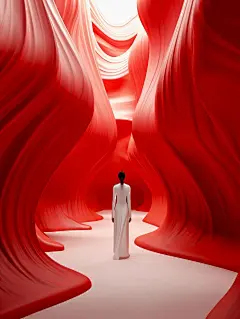 关键词：
红白洞穴展览，未来派彩色波浪风格，宁静的面孔，柔和梦幻的场景，亚洲风格，纪念碑式的人物，极简主义，一束光，平静的效果，未来派设计 --ar 3:4

the exhibition of red and white caves,in the style of futuristic chromatic waves, serene faces, soft, dreamy scenes, asian-inspired,monumental figures, minimalism, a beam of l