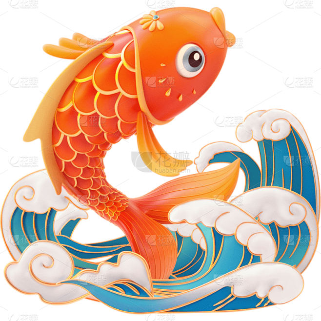 生产素材通用金属描边锦鲤3D动物贴纸元素...