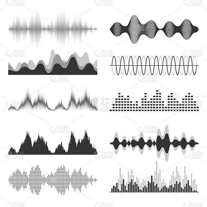声波集合。模拟和数字音频信号。音乐均衡器。干扰录音。高频无线电波。矢量图