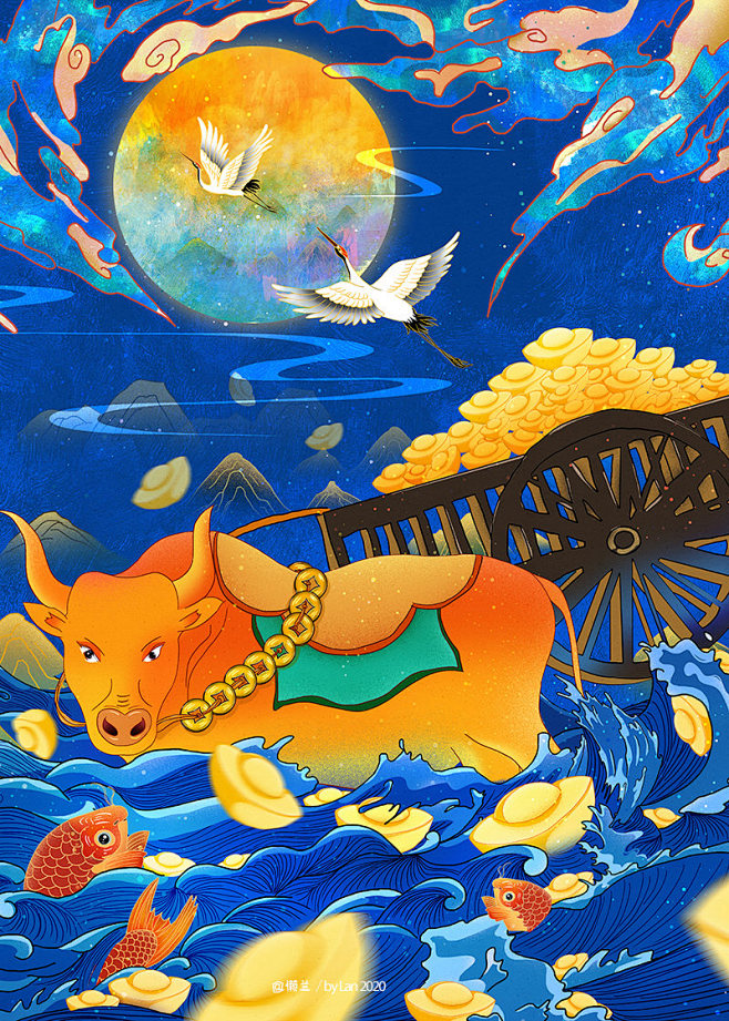 2021牛年行大运坐在拉着金元宝的牛背上的古风美人懒兰原创作品视觉