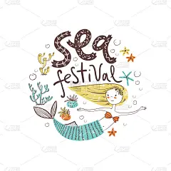 海节日海报与可爱的美人鱼。手刻字。