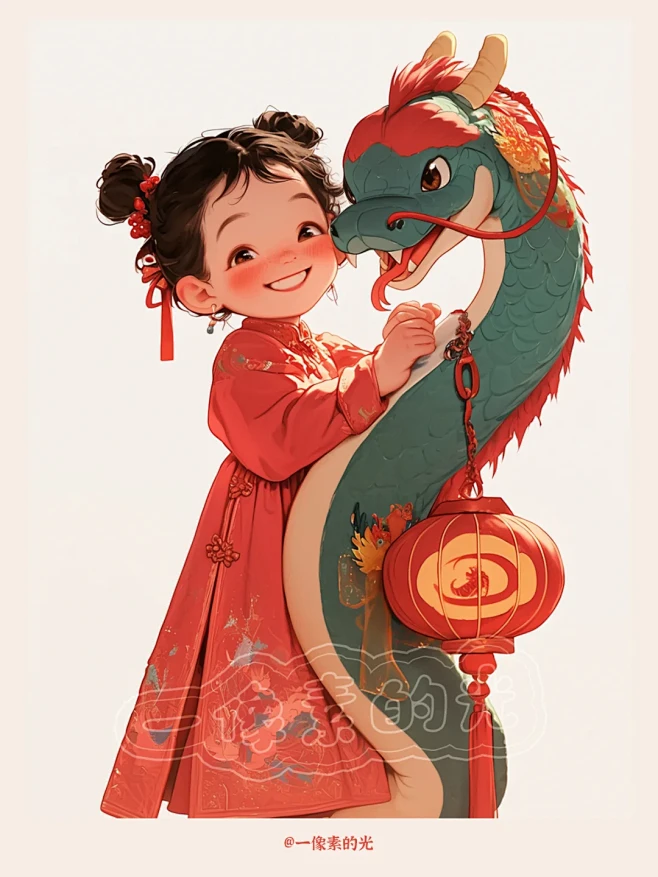喜庆蛇年插画抱着蛇的小女孩2025蛇年I...