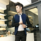 韩版修身西装超帅气版型个性拼皮设计男士休闲西服男士上衣外套 #修身# #版型# #个性#