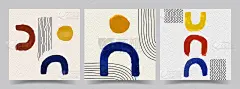 矢量插图。抽象的当代审美背景。设计社交媒体模板，网页横幅。色水彩颜料。几何形状与手绘元素。日本模式
