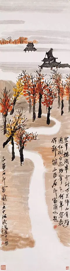 《山水十二条屏》是齐白石创作于1925年，每一条屏纵180厘米，横47厘米，分别为《江上人家》《石岩双影》《板桥孤帆》《柏树森森》《远岸余霞》《松树白屋》《杏花草堂》《杉树楼台》《烟深帆影》《山中春雨》《红树白泉》《板塘荷香》，每一幅作品都是在描写他的家乡。