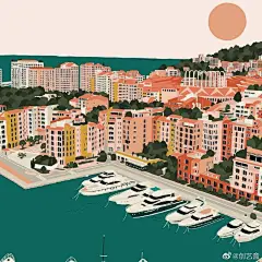 绘本插画超话 充满异国风情的建筑群，用简单的配色处理复杂的层次关系。works by Jess
#插画# #遇见艺术# ​​​​