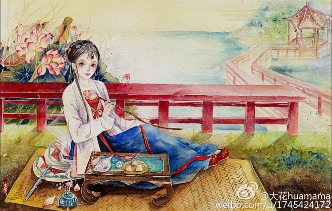 古风手绘 水彩插画 大花huamama-...