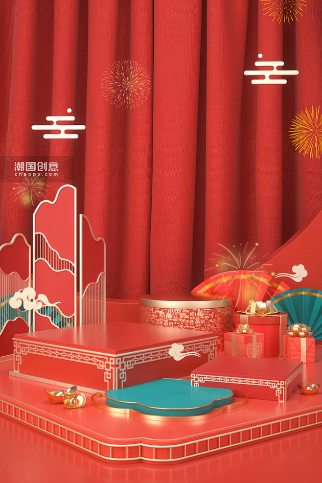 中国风C4D新年礼盒红色场景背景图片_潮...