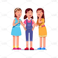 兴奋的女孩会向两个微笑着倾听的女朋友窃窃私语秘密或八卦。一群孩子分享亲密的秘密。平的孤立的向量