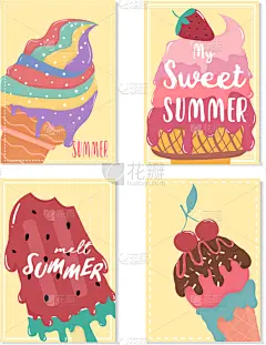 可爱的,夏天,冰淇淋,贺卡,清新,多样,食品,西瓜,融化,布置