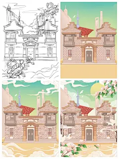 国潮建筑插画｜城市海报｜上海石库门插画步骤