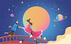 卡通手绘牛郎织女七夕节原创插画海报背景
