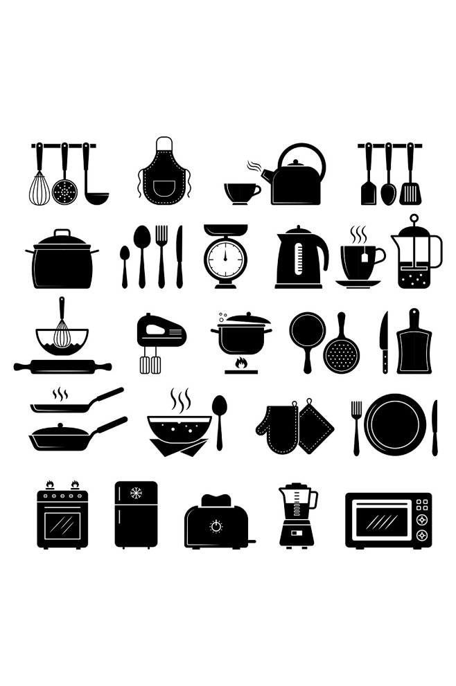烹饪工具餐具矢量剪影元素-众图网