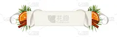 卷曲的灰色丝绸丝带和纸卡文字与圣诞枞树，桔子和肉桂棒