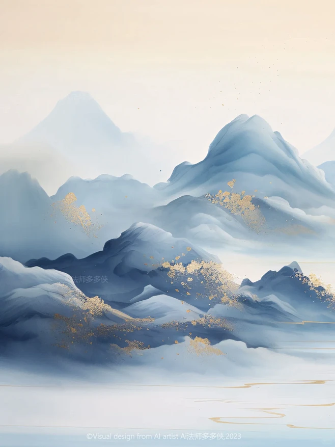 东方美学-鎏金粉蓝|新中式国风山水抽象插画-花瓣网
